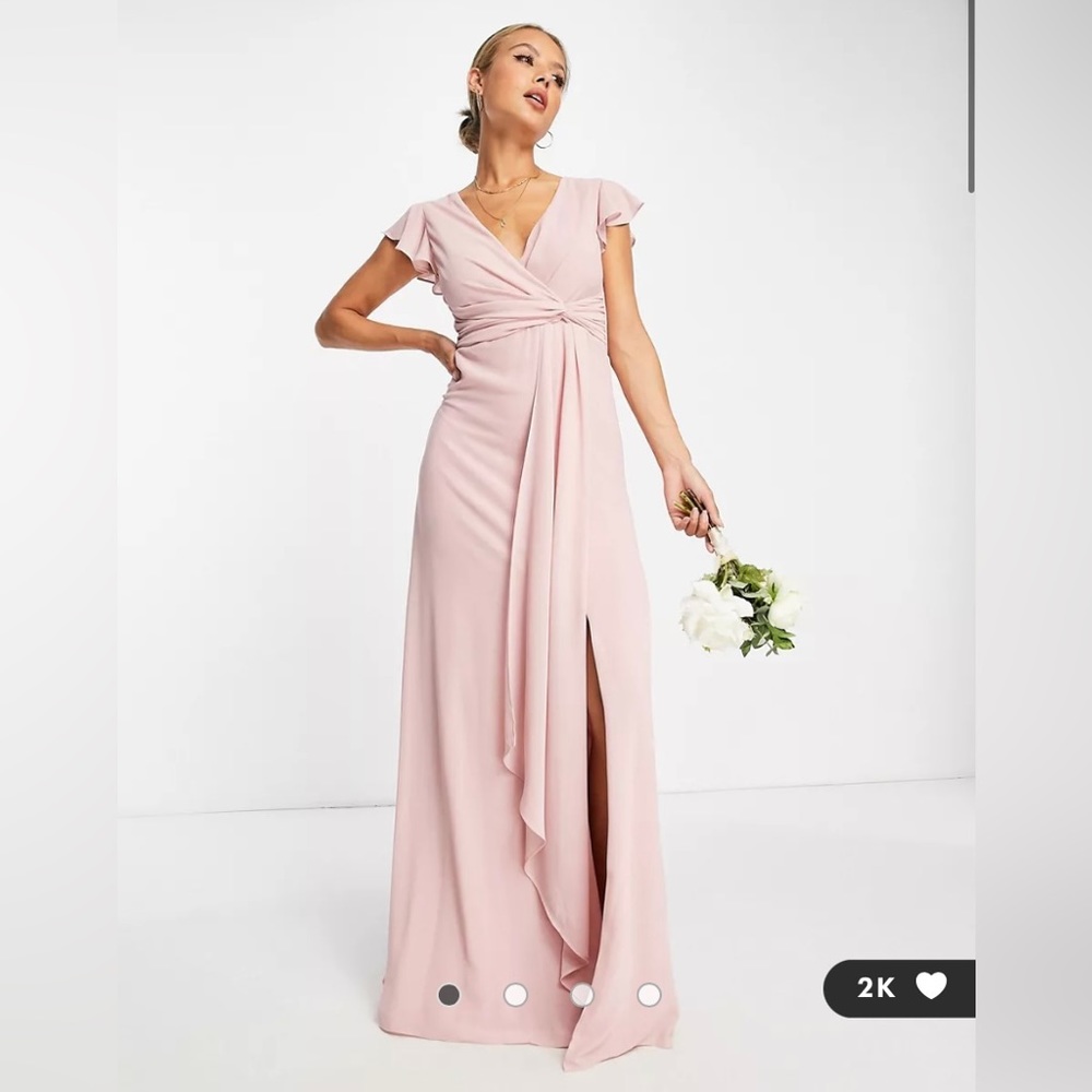 ASOS TFNC bridesmaid flutter sleeve ruffle detail maxi dress in blush